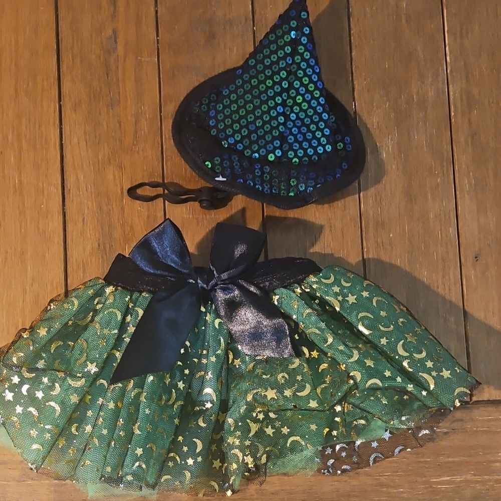 Dog Witch Costume with Green and Gold Skirt